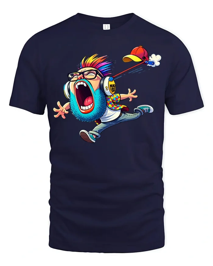 Funny Screaming Cartoon Punk Graphic T Shirt Loud Music Style - navy t-shirt on white background