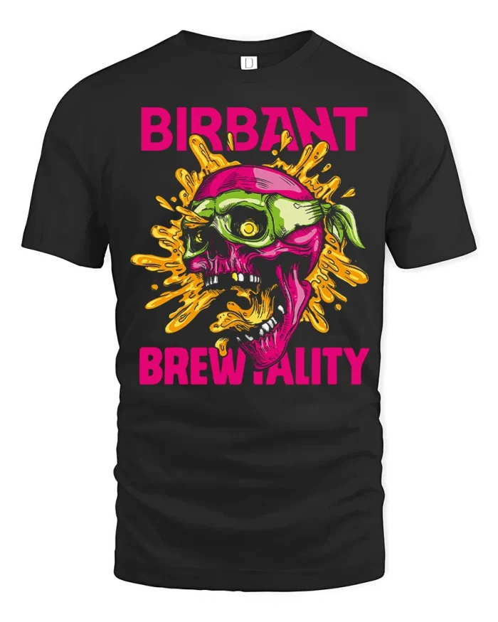 Birbant Brewtality Skull Beer Splash Graphic Party T Shirt Tee - black t-shirt on white background