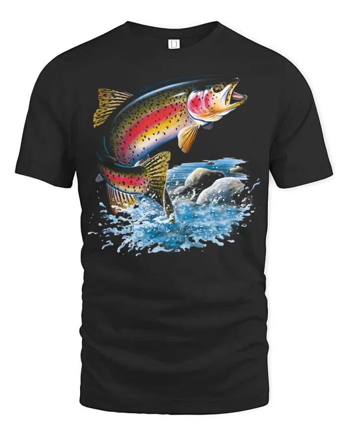 Rainbow Trout Jumping Fishing Adventure Graphic T Shirt Tee - black t-shirt on white background