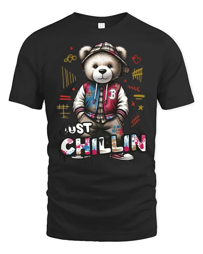 Just Chillin Cute Street Teddy Bear Graphic T Shirt Tee - black t-shirt on white background