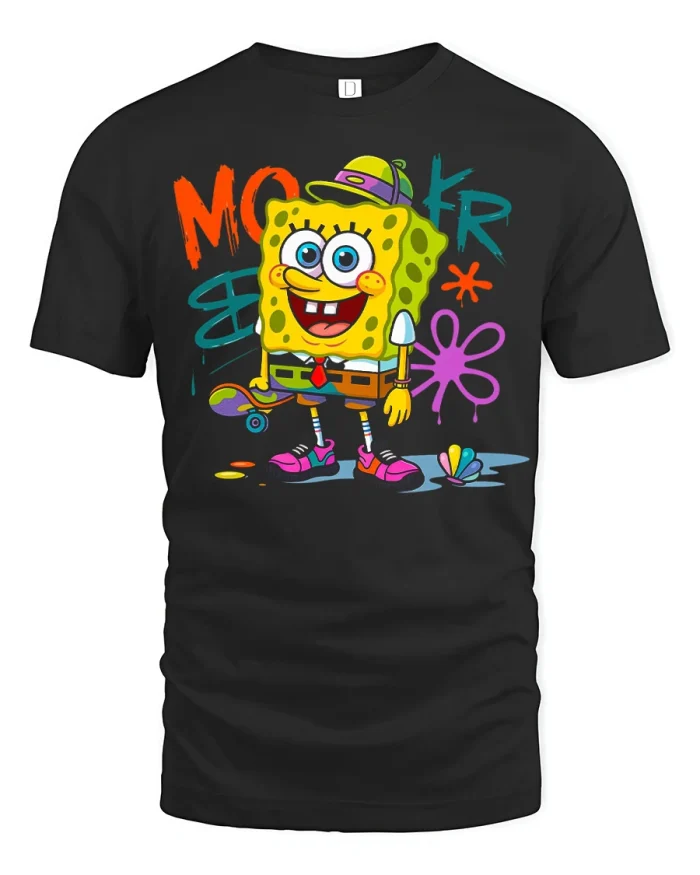 Mock Street Cartoon Sponge Character Graffiti Graphic T Shirt Tee - black t-shirt on white background