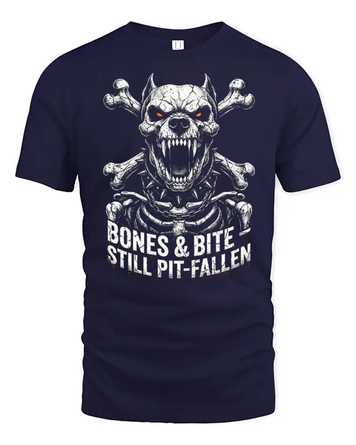Bones and Bite Pit Bull Skull Skeleton Graphic T Shirt Tee - navy t-shirt on white background