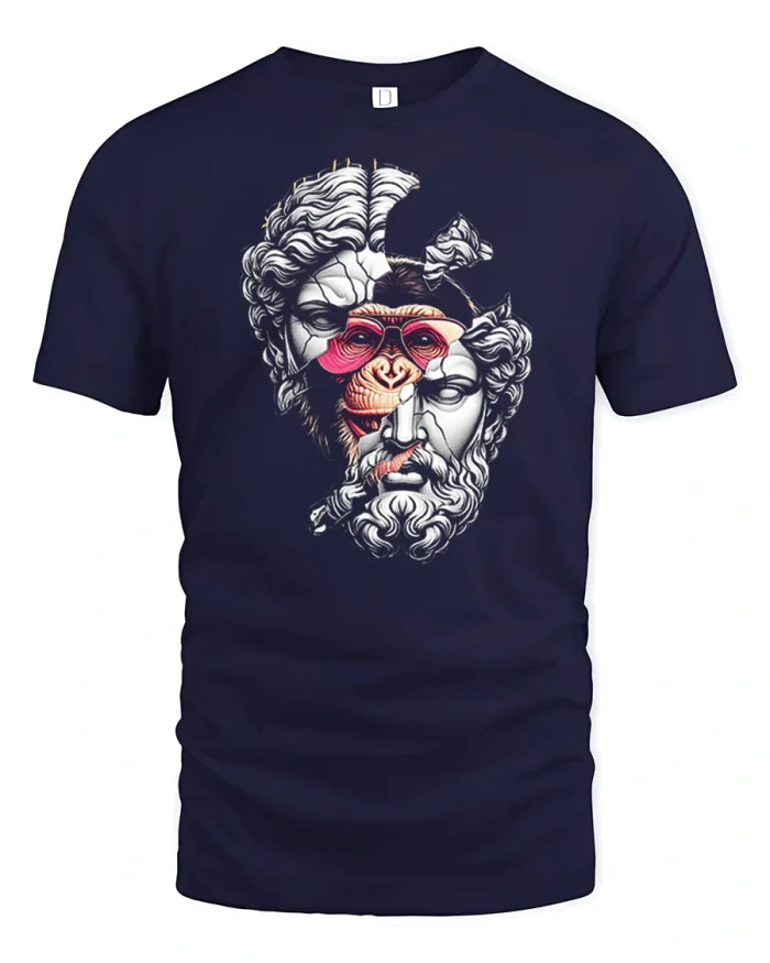 Surreal Monkey and Classical Statue Face Collage Graphic T Shirt - navy t-shirt on white background
