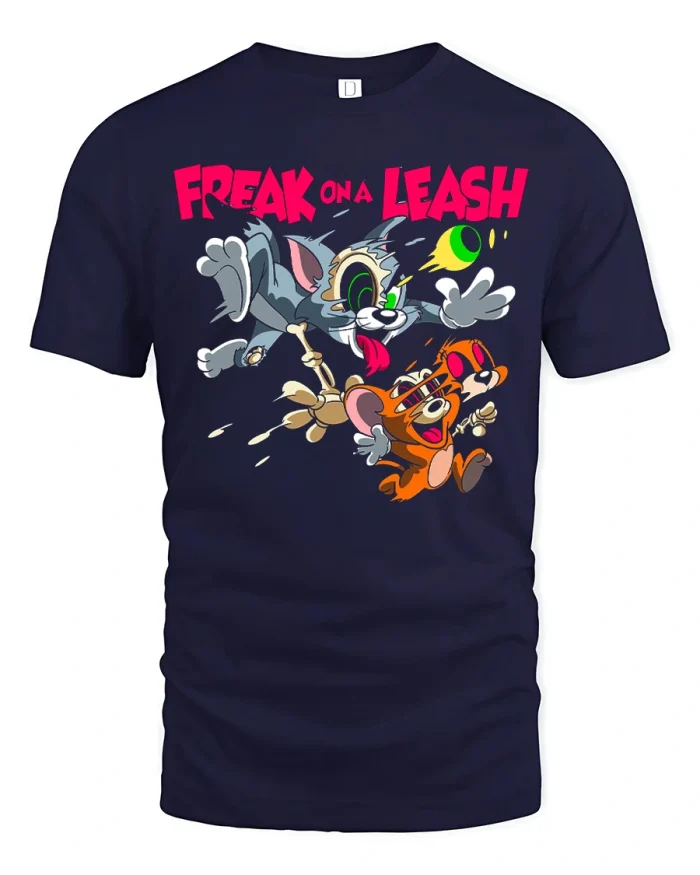Freak On A Leash Funny Retro Cartoon Cat Mouse Graphic T Shirt - navy t-shirt on white background