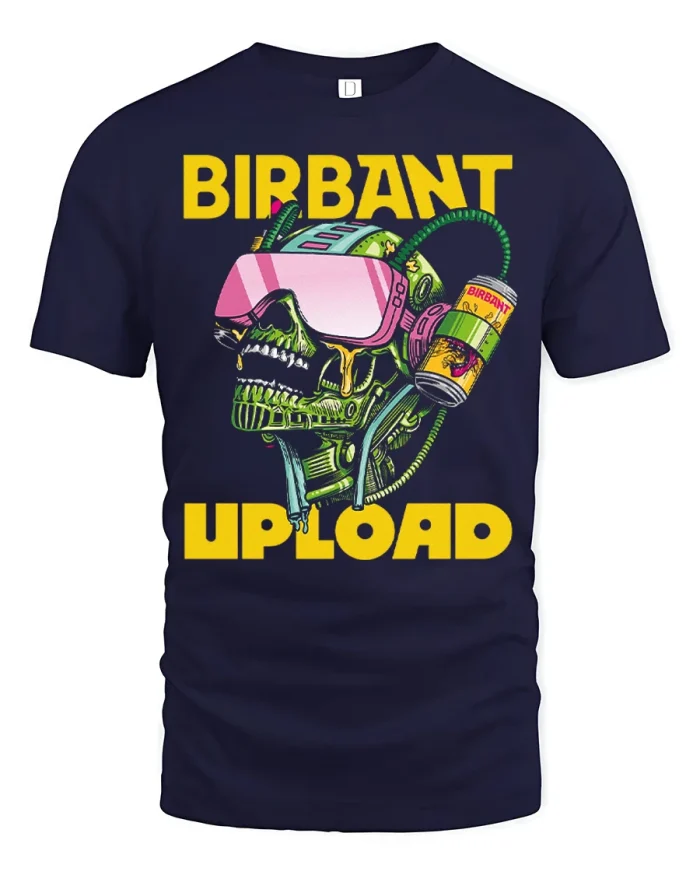 Birbant Upload Cyberpunk Skull Headset Retro Futuristic Graphic T Shirt - navy t-shirt on white background