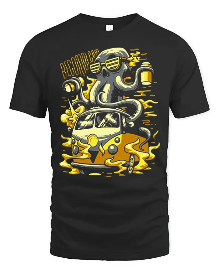 Become Cool Octopus Driving Vintage Van Funny Graphic T Shirt - black t-shirt on white background