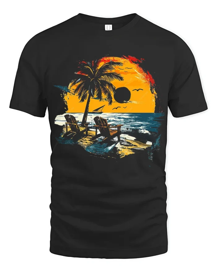 Tropical Beach Sunset Palm Tree Ocean Relaxing Vacation Graphic T Shirt Tee - black t-shirt on white background