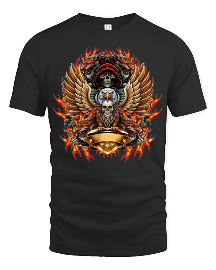 Flaming Skull Eagle Reaper Dark Gothic Graphic T Shirt Tee - black t-shirt on white background