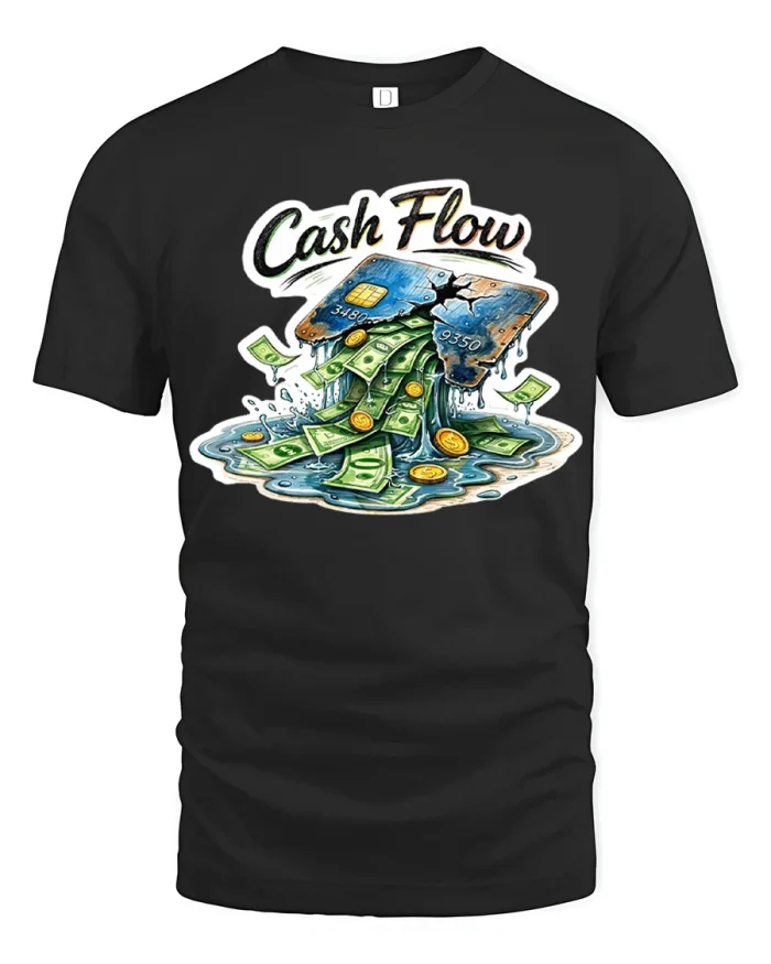 Cash Flow Funny Money Waterfall Finance Graphic T Shirt Tee - black t-shirt on white background