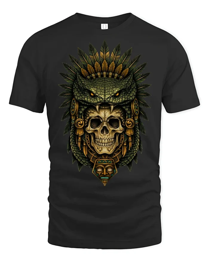 Tribal Snake Skull Warrior Ancient Aztec Style Graphic T Shirt Tee - black t-shirt on white background