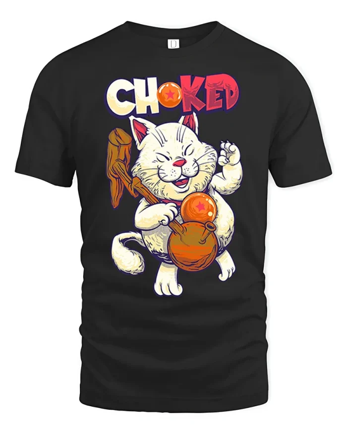Choked Funny Anime Cat Dragon Ball Style Graphic T Shirt Tee - black t-shirt on white background
