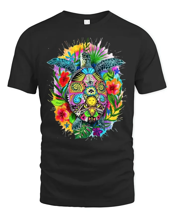 Colorful Tribal Sea Turtle Mandala Art Graphic T Shirt Tee - black t-shirt on white background
