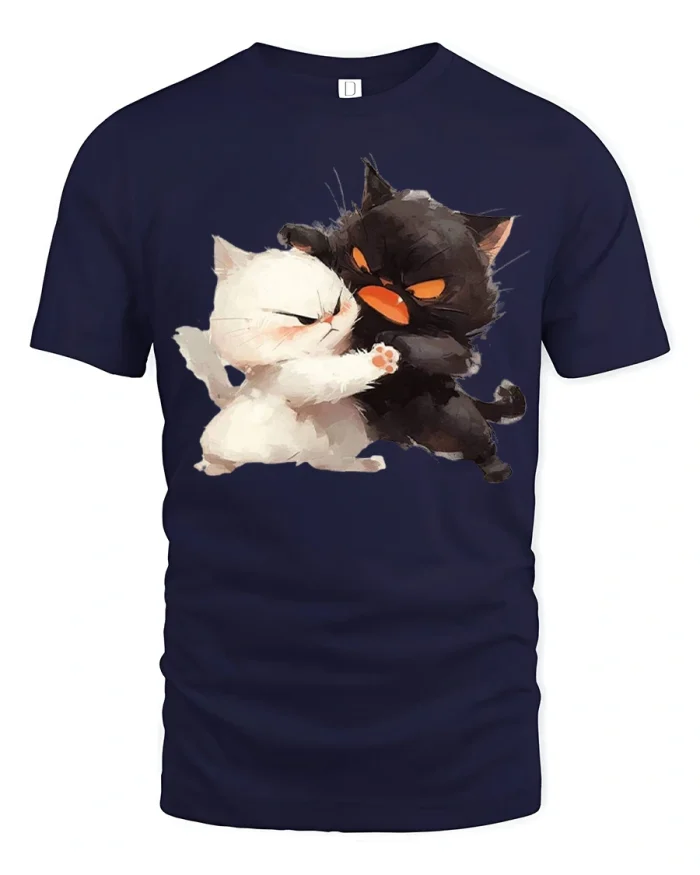 Funny Angry Cats Fighting Cartoon Graphic T Shirt Cute Cat Battle Tee - navy t-shirt on white background