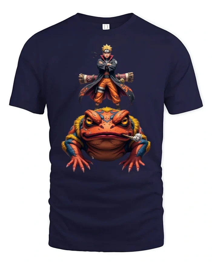 Anime Ninja Hero Standing On Giant Battle Toad Graphic T Shirt Tee - navy t-shirt on white background