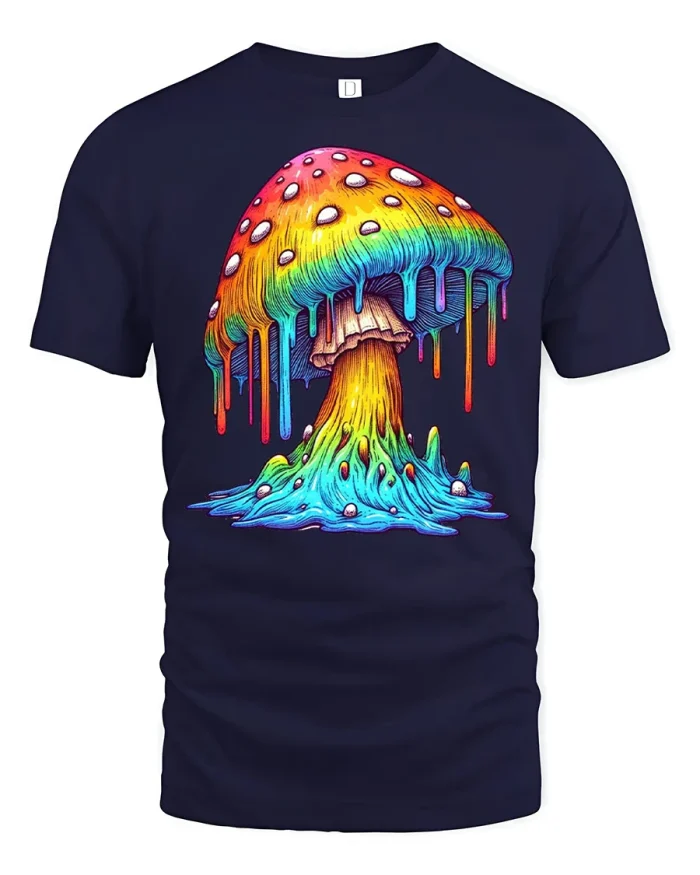 Psychedelic Rainbow Dripping Mushroom Trippy Art Graphic T Shirt Tee - navy t-shirt on white background