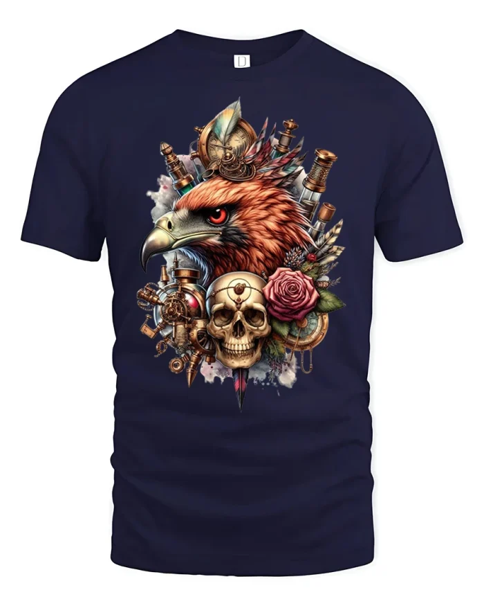 Steampunk Eagle Skull Mechanical Fantasy Art Graphic T Shirt Tee - navy t-shirt on white background