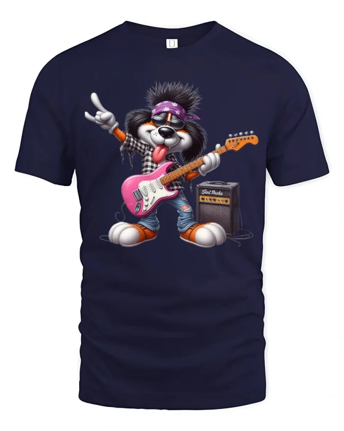 Funny Rock Star Dog Playing Electric Guitar Cartoon Graphic T Shirt Tee - navy t-shirt on white background