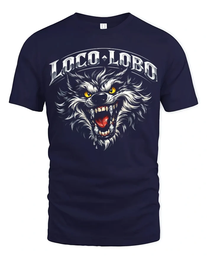 Loco Lobo Fierce Wolf Head Graphic T Shirt Wild Beast Style Tee - navy t-shirt on white background