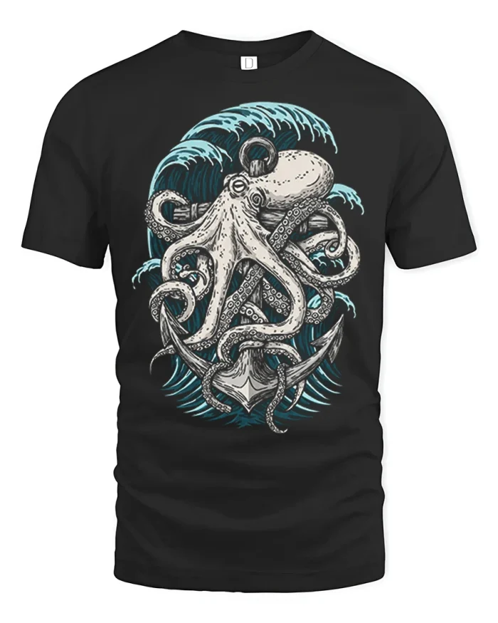 Vintage Kraken Octopus Anchor Ocean Sailor Graphic Tee Shirt - black t-shirt on white background