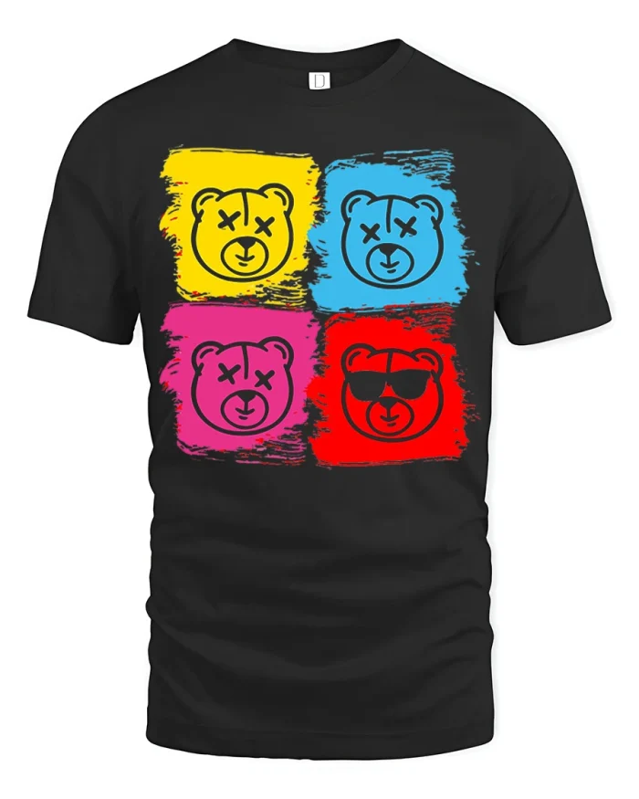 Pop Art Colorful Teddy Bear Graphic Funny Street Style Tee Shirt - black t-shirt on white background