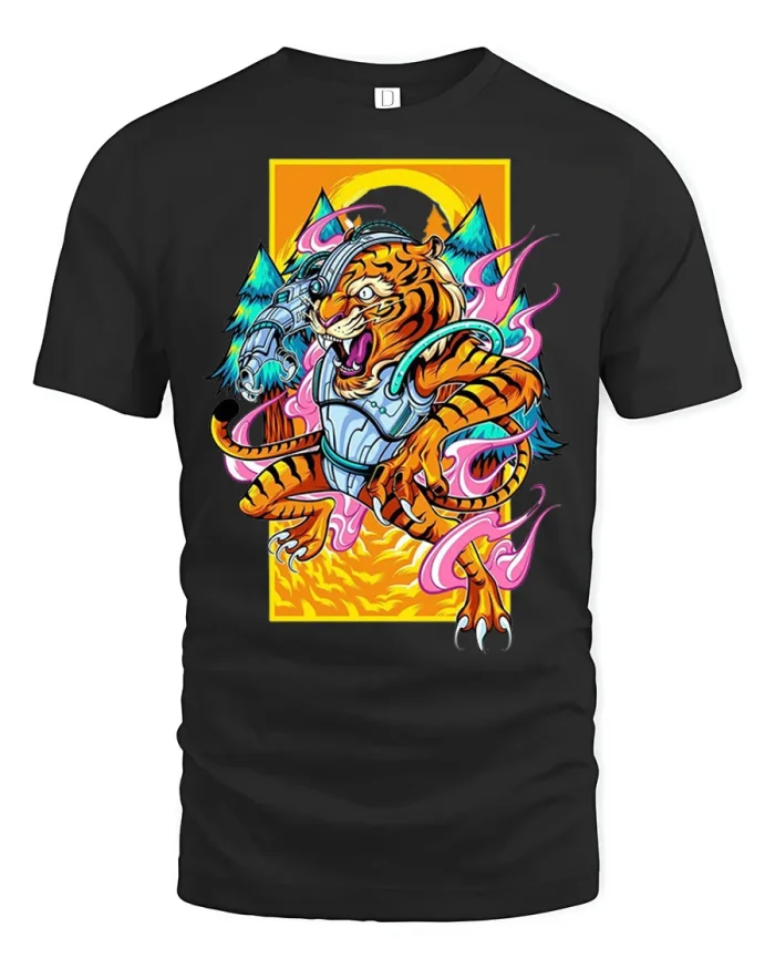 Cyber Tiger Warrior Futuristic Beast Neon Graphic Tee Shirt - black t-shirt on white background