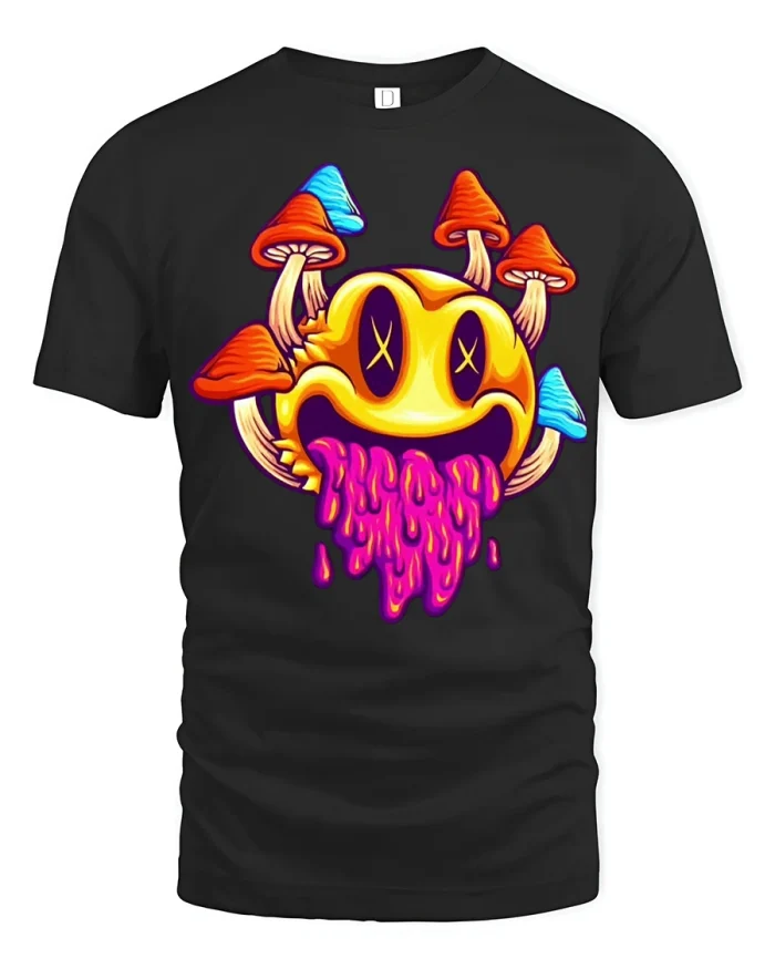 Trippy Smiley Face Magic Mushroom Psychedelic Graphic Tee Shirt - black t-shirt on white background
