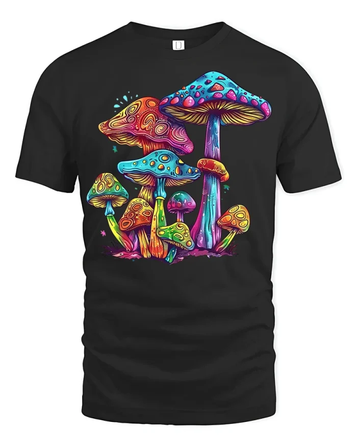 Colorful Psychedelic Mushroom Forest Trippy Nature Graphic Tee Shirt - black t-shirt on white background