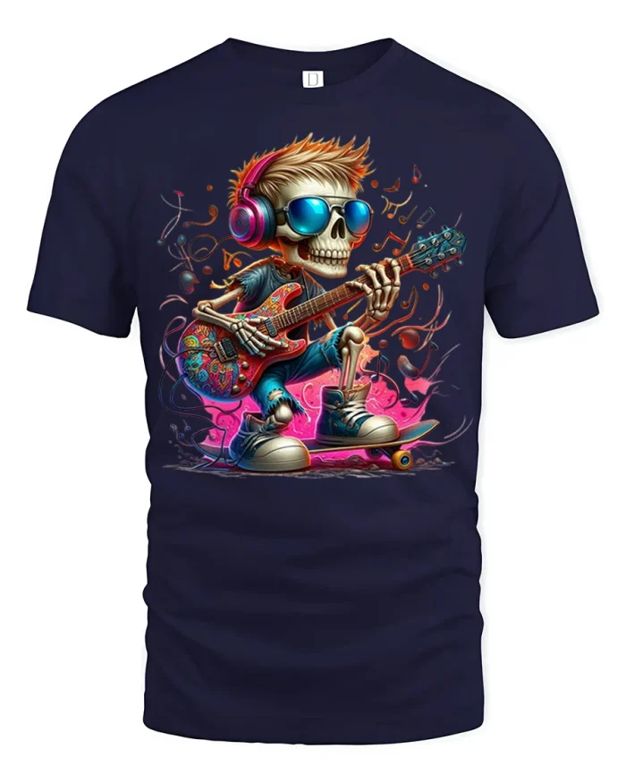 Rock Guitar Skeleton Skateboard Music Lover Graphic Tee Shirt - navy t-shirt on white background