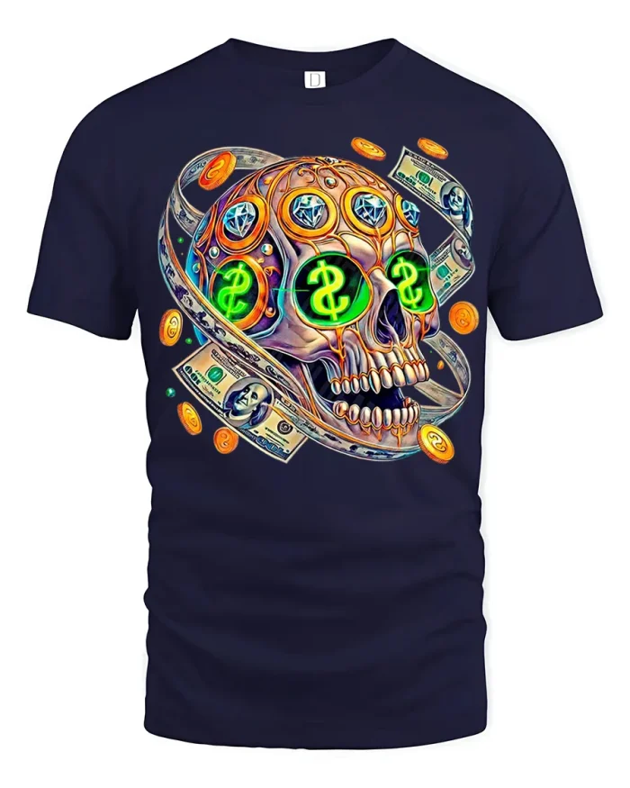 Money Skull Dollar Sign Street Art Graphic Tee Shirt - navy t-shirt on white background