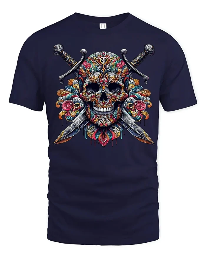 Colorful Skull and Crossed Swords Fantasy Art Graphic Tee Shirt - navy t-shirt on white background