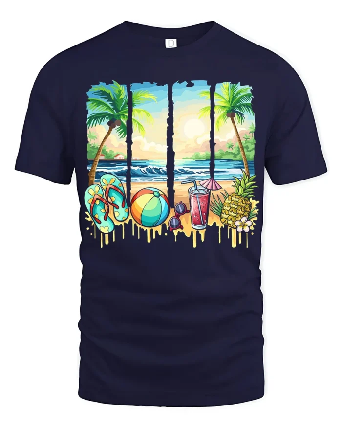 Tropical Beach Summer Vibes Palm Tree Graphic Tee Shirt - navy t-shirt on white background