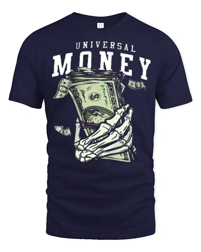Universal Money Skeleton Hand Holding Cash Graphic Tee Shirt - navy t-shirt on white background
