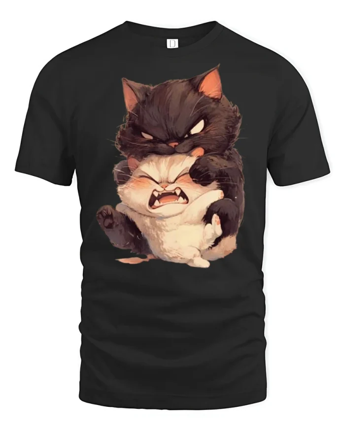 Angry Cute Cat Boss Fight Funny Cartoon Graphic T Shirt - black t-shirt on white background