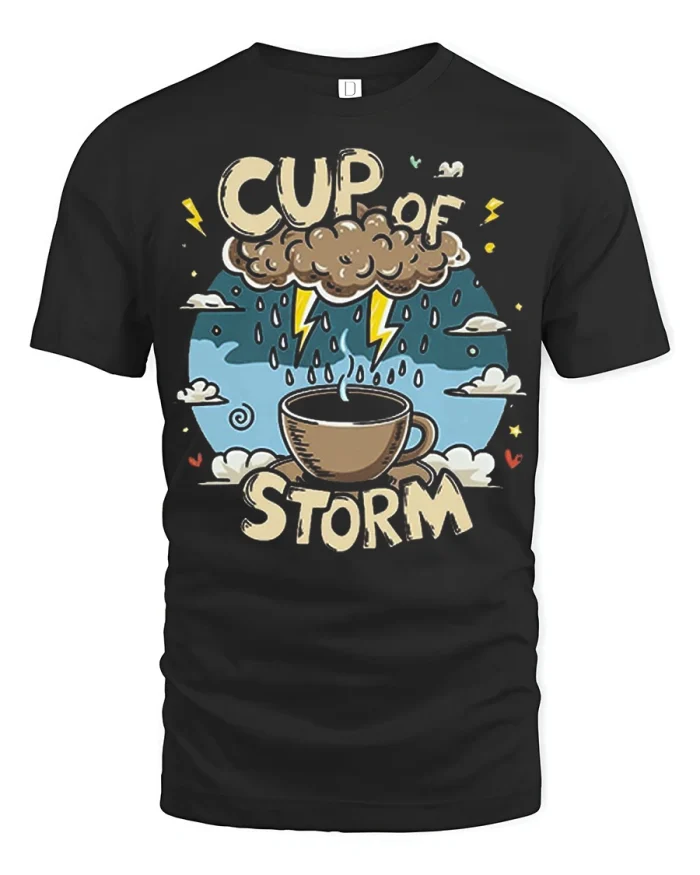 Cup Of Storm Funny Coffee Weather Cartoon Graphic T Shirt - black t-shirt on white background