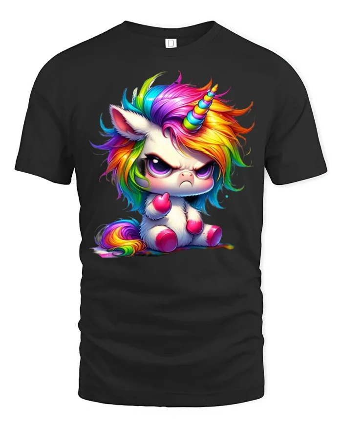 Angry Rainbow Unicorn Cute Fantasy Cartoon Graphic T Shirt - black t-shirt on white background