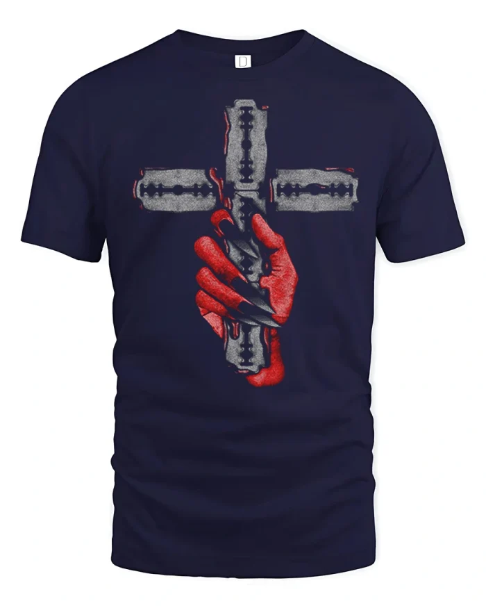 Dark Razor Blade Cross Graphic T Shirt Bold Rebel Art - navy t-shirt on white background