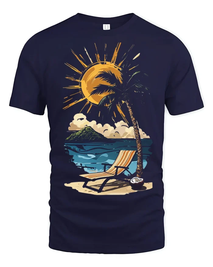 Tropical Sunset Beach Chair Paradise Graphic T Shirt - navy t-shirt on white background