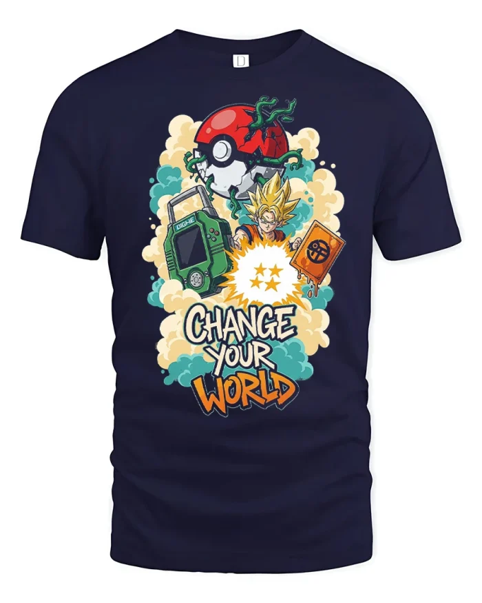 Change Your World Anime Gamer Cartoon Graphic T Shirt - navy t-shirt on white background