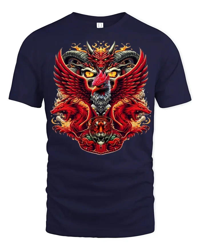 Mythic Dragon Eagle Tiger Beast Fusion Graphic T Shirt - navy t-shirt on white background