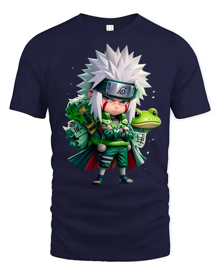 Cute Anime Ninja Sage Warrior Graphic T Shirt Cartoon Style - navy t-shirt on white background