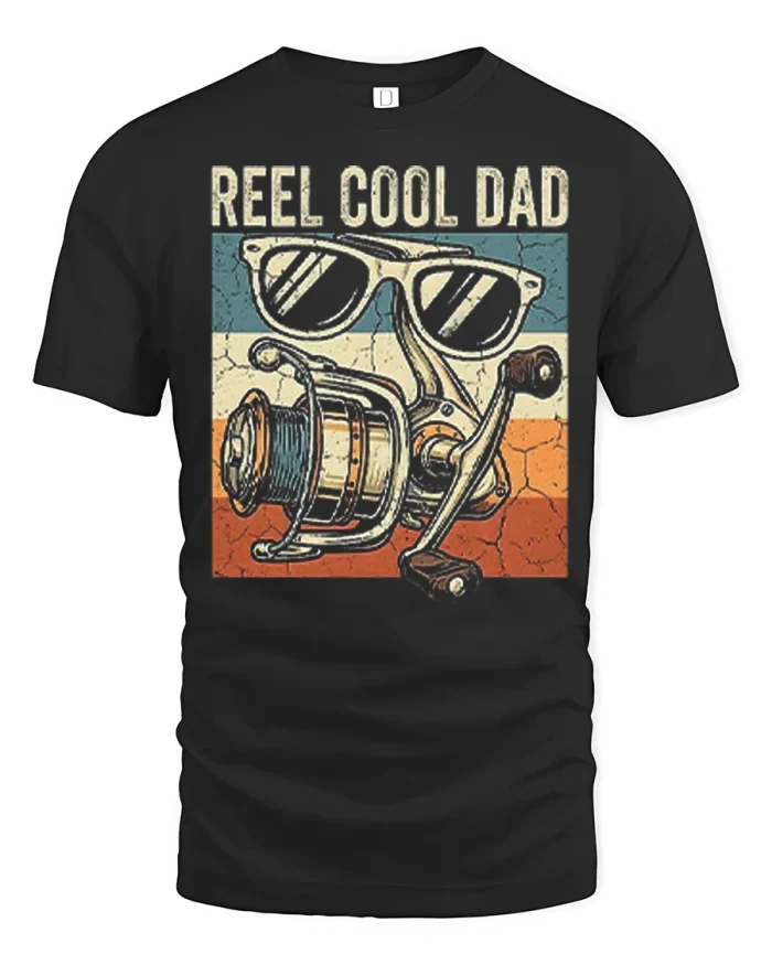 Reel Cool Dad Fishing Graphic Vintage Style Funny Dad Tee - black t-shirt on white background
