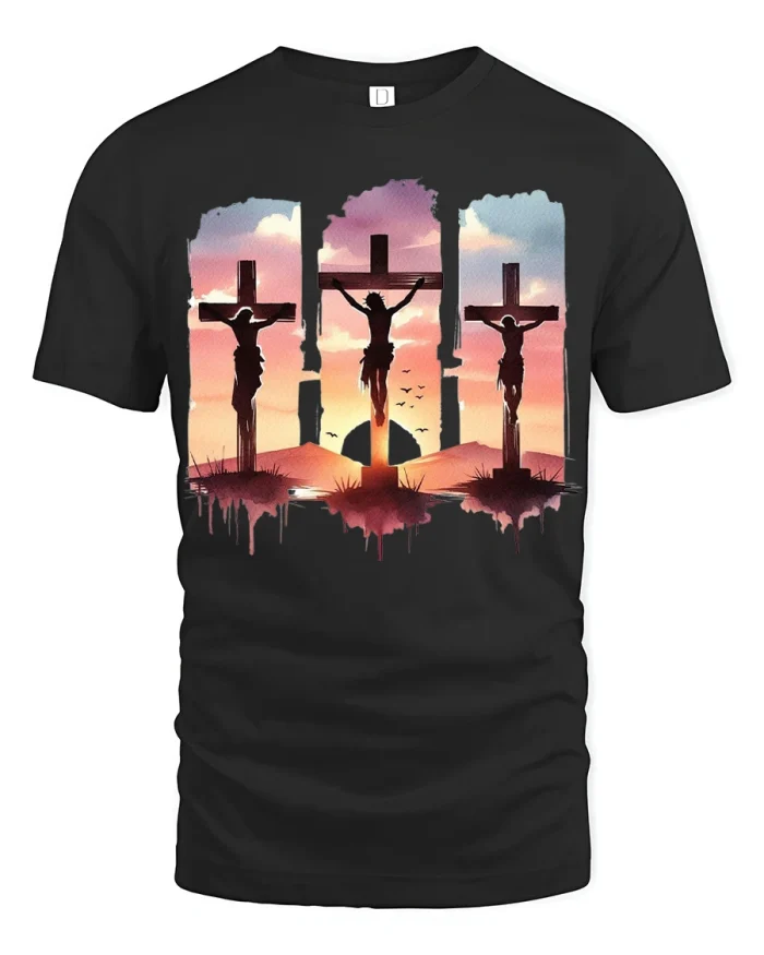 Three Crosses Sunset Faith Graphic Christian Inspirational Tee - black t-shirt on white background