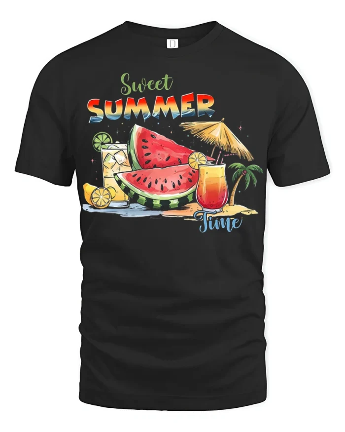 Sweet Summer Time Watermelon Tropical Drink Graphic Tee - black t-shirt on white background