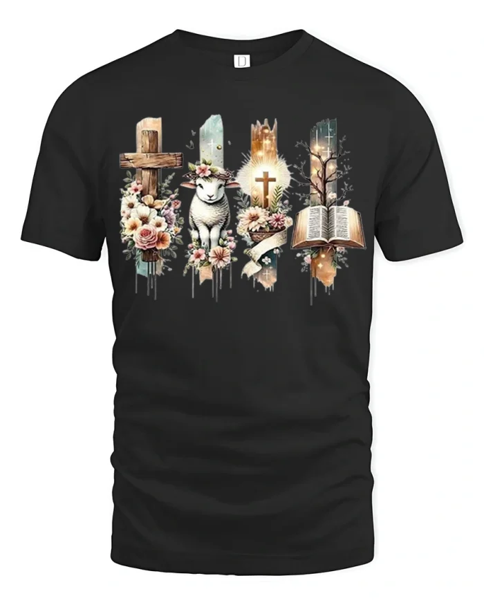 Christian Faith Cross Lamb Bible Floral Spiritual Graphic Tee - black t-shirt on white background