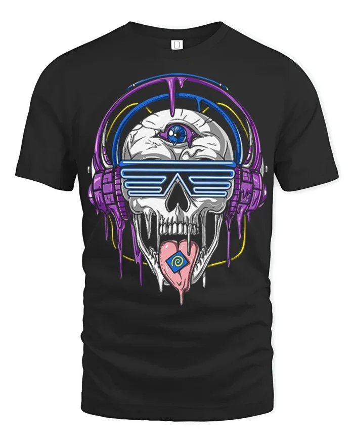 Neon Skull DJ Psychedelic Music Rave Graphic Streetwear Tee - black t-shirt on white background