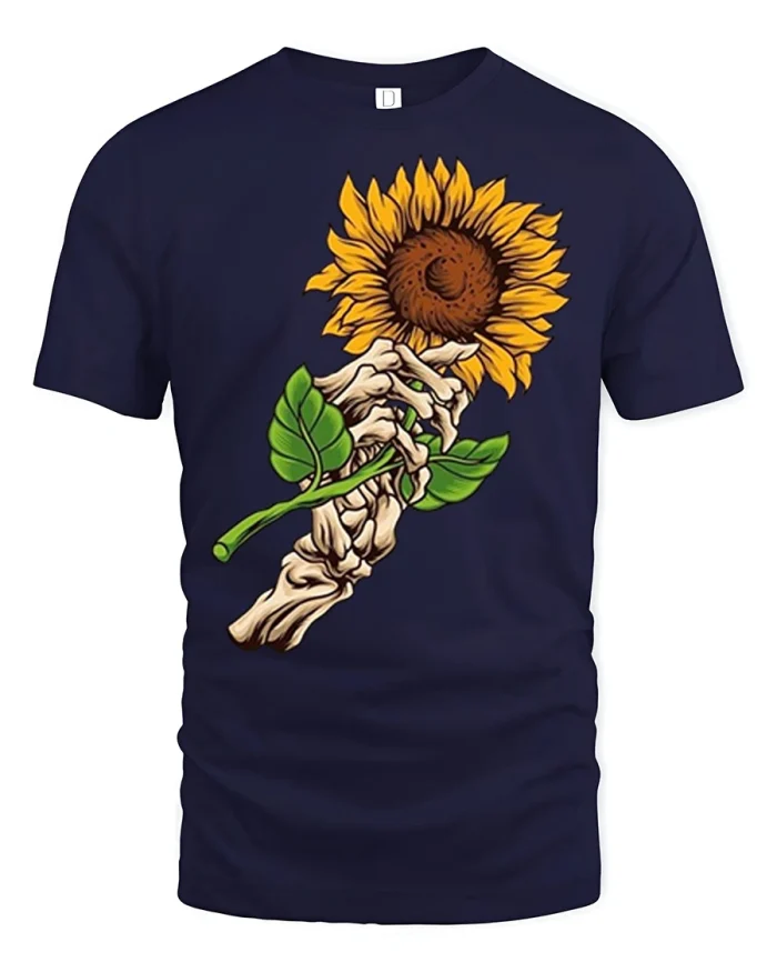 Skeleton Hand Holding Sunflower Gothic Floral Graphic Tee - navy t-shirt on white background