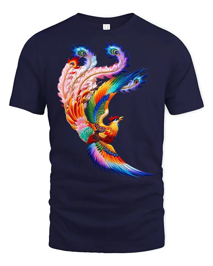 Colorful Phoenix Rising Mythical Fire Bird Art Graphic Tee - navy t-shirt on white background