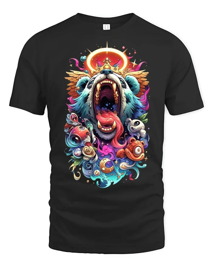 Cosmic Roaring Bear Psychedelic Art Graphic T Shirt - black t-shirt on white background