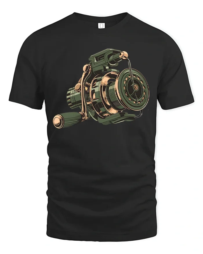 Vintage Fishing Reel Graphic T Shirt Classic Angler Style - black t-shirt on white background