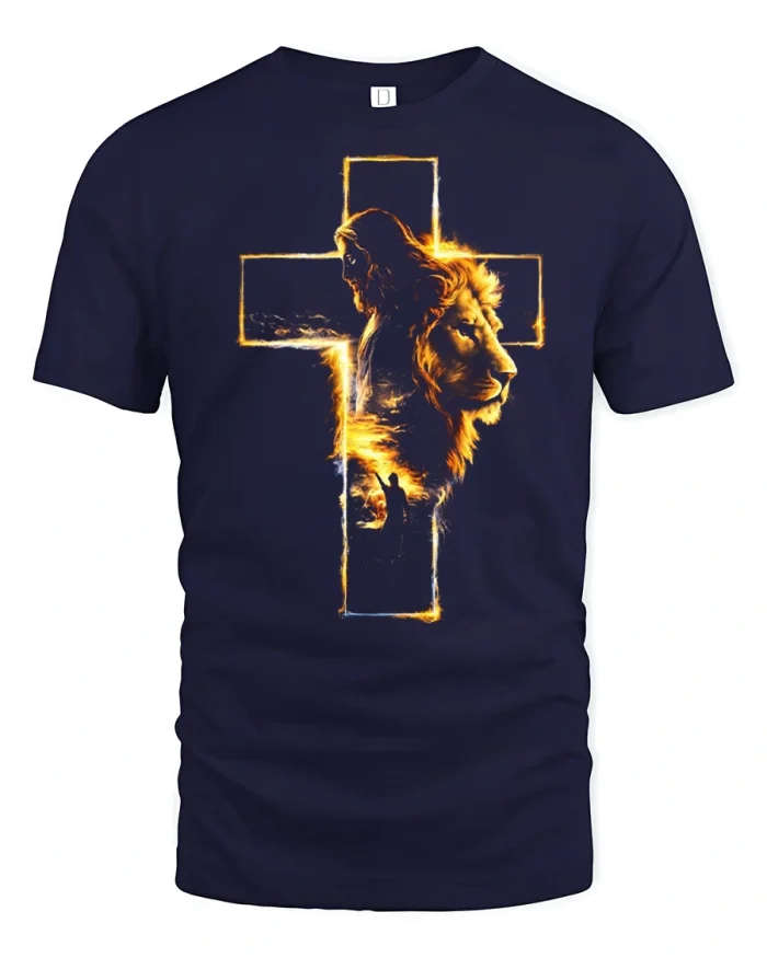 Lion And Cross Jesus Faith Graphic T Shirt Spiritual Power - navy t-shirt on white background